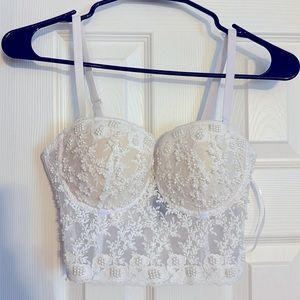 Windsor white lace bra bodice with pearl details seen on front